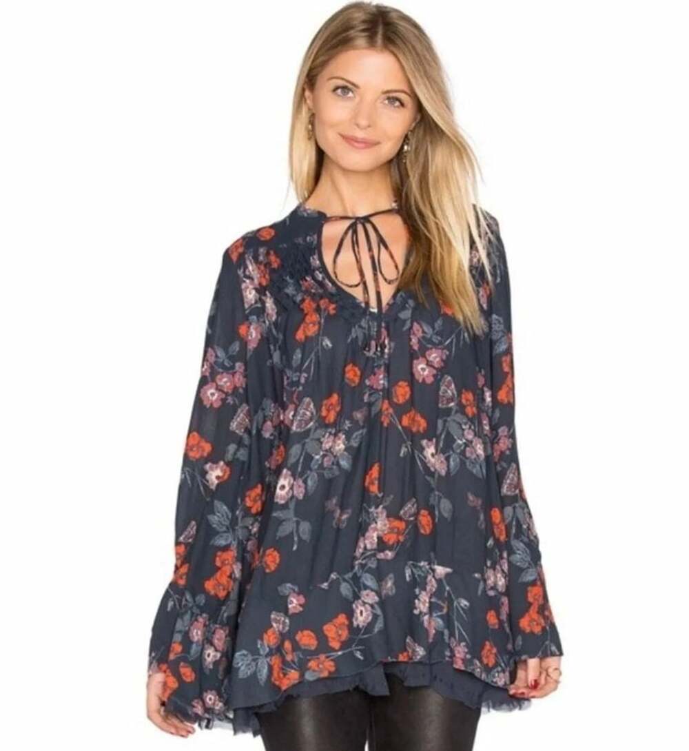 Free People So Fine Floral Print Smocked Boho Tunic Blouse SZ M